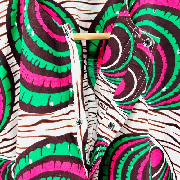 Handmade Dutch Wax Vlisco Green Pink Psychedelic Print African Tunic Shirt - Picture 2 of 8